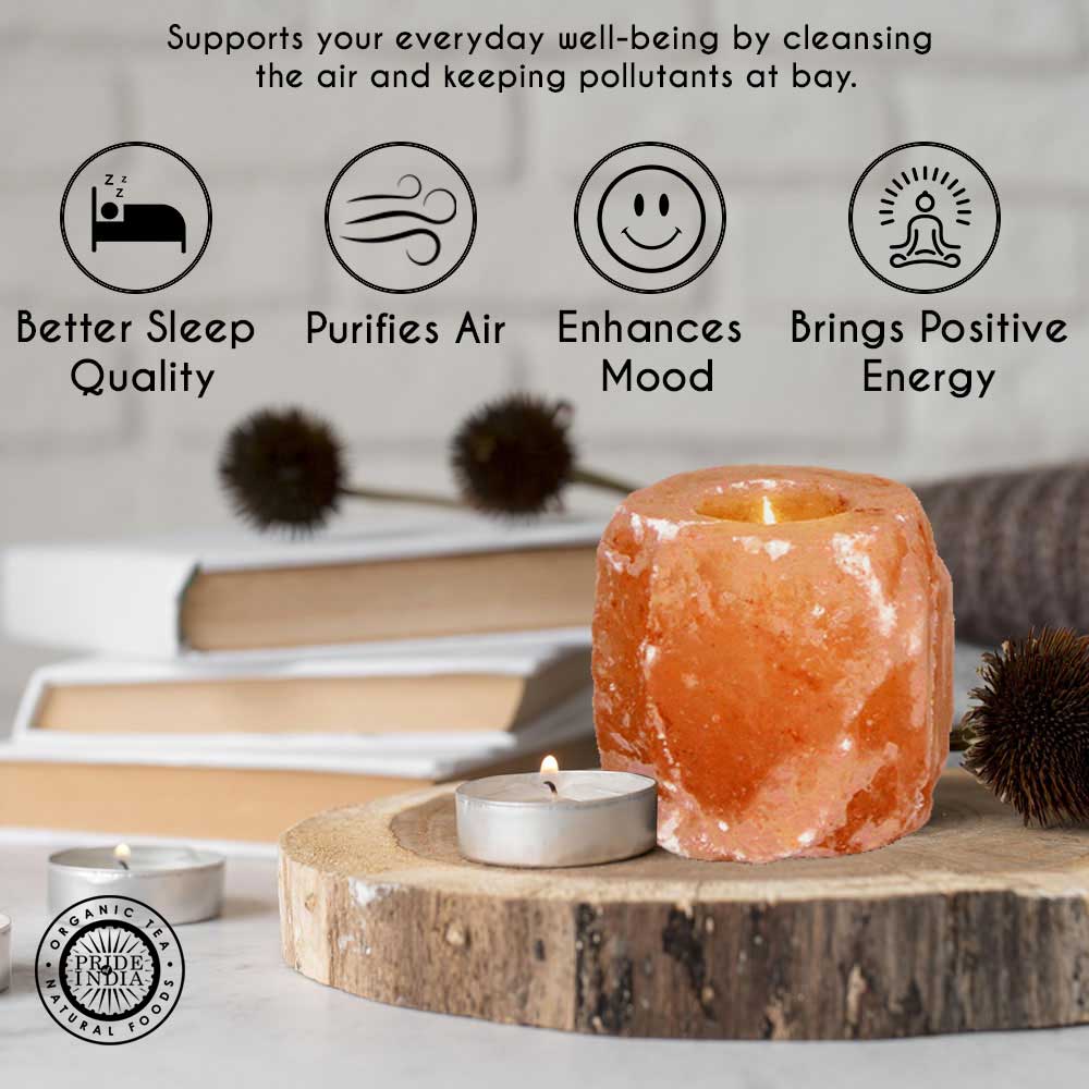 Himalayan salt lamp on a wooden platform with text about its benefits.