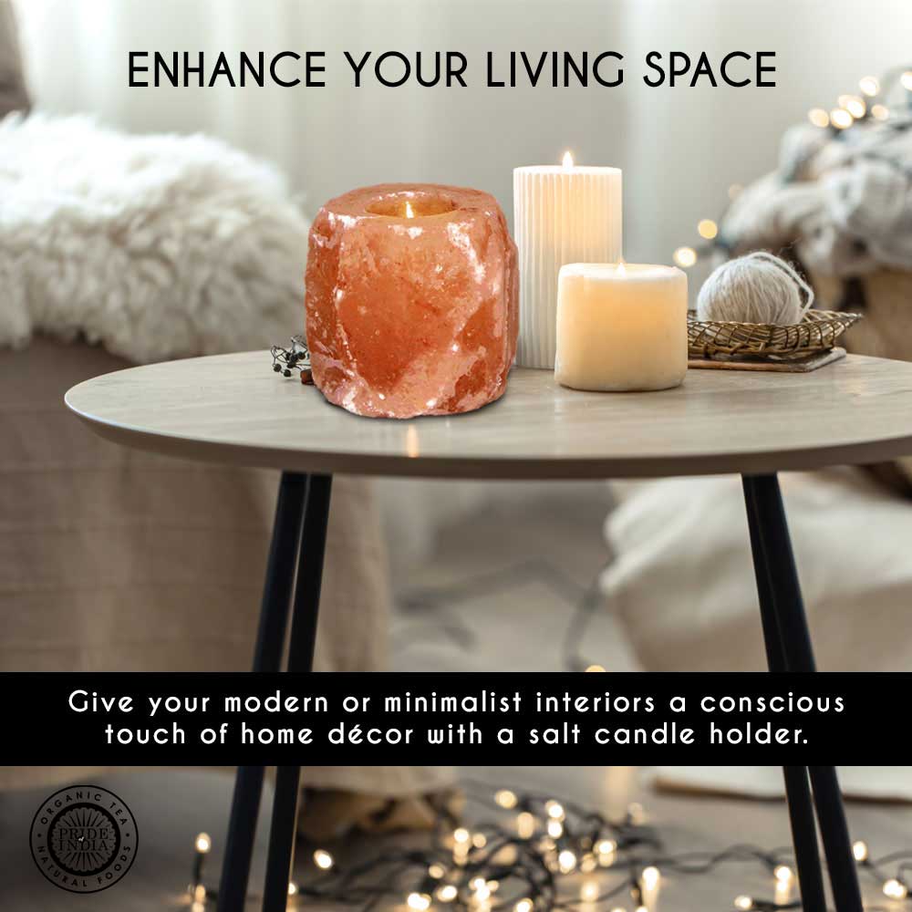 Salt candle holder on a table with decorative candles and text about enhancing living space.