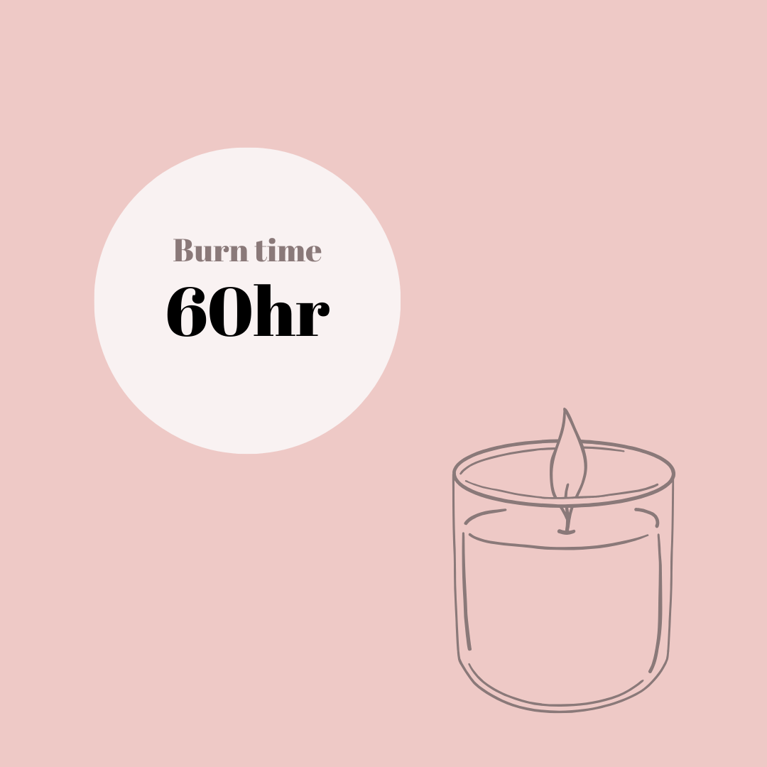 Candle with 'Burn time 60hr' text on a pink background