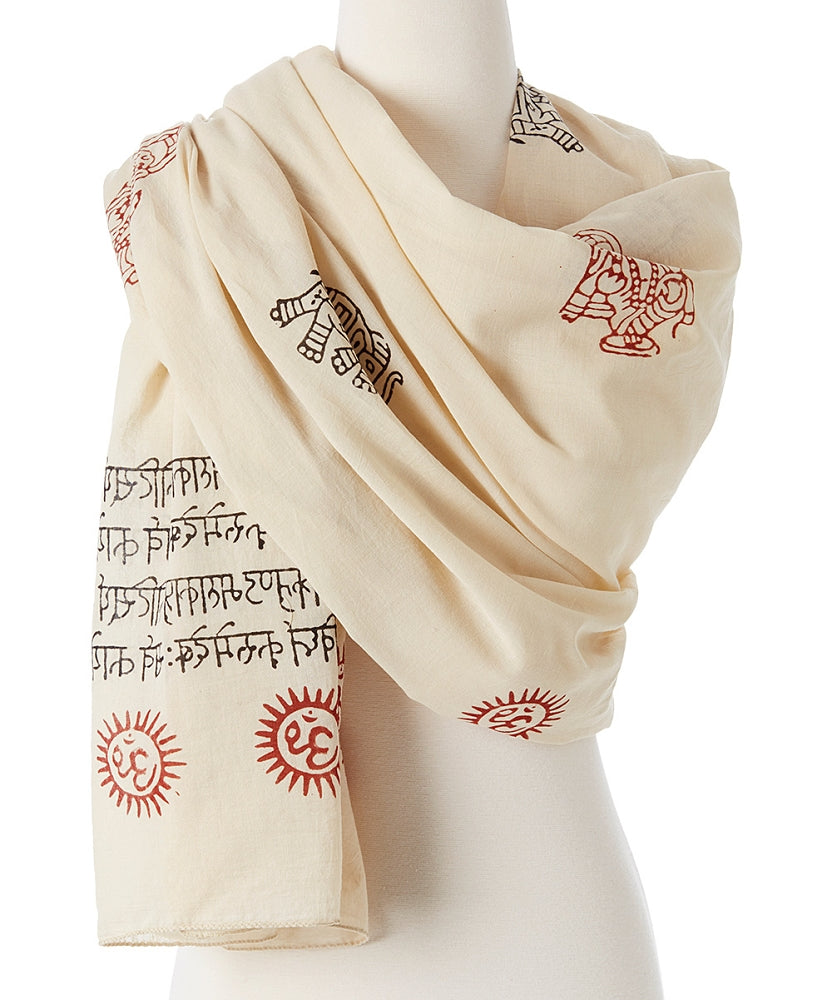 Beige scarf with red and black patterns on a mannequin