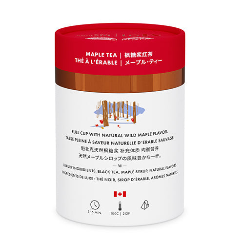 Maple tea packaging with red and white design on a white background