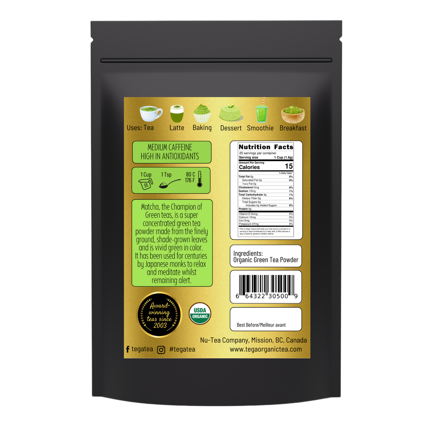 Tea package with nutritional information and branding on a white background