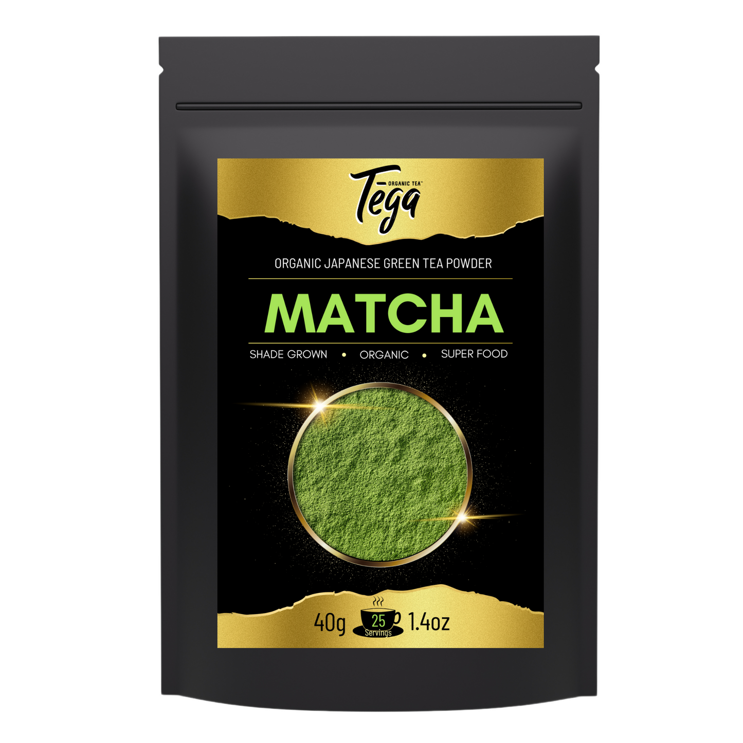Tega Matcha green tea powder packaging on a white background