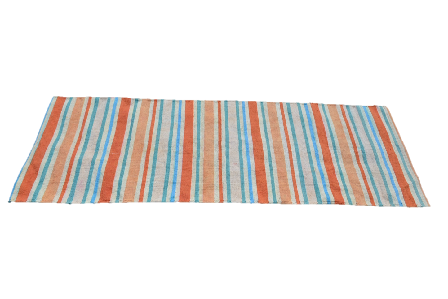 Striped rug with orange, blue, and white colors on a white background