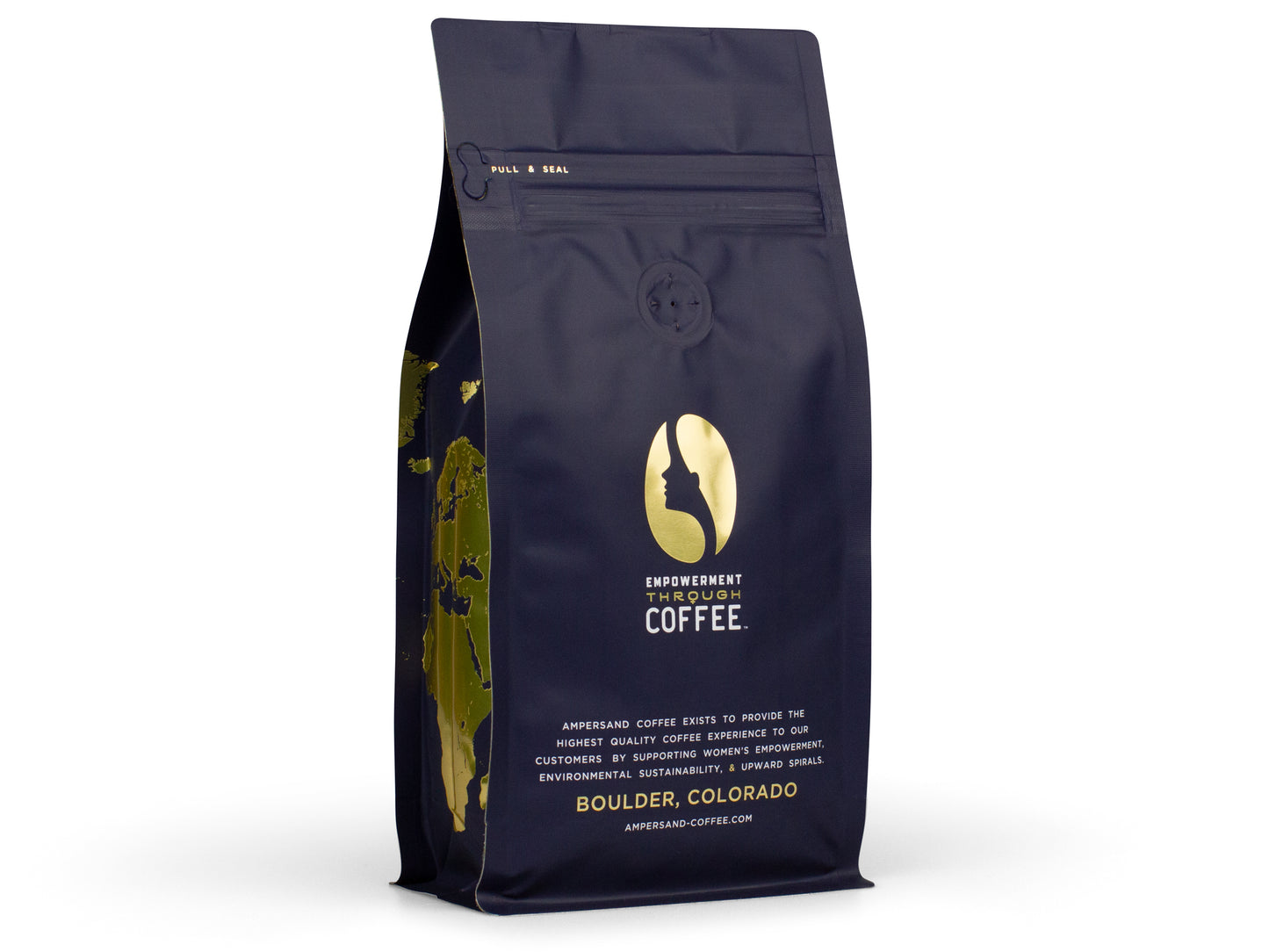 Dark blue coffee bag with gold logo and text on a white background