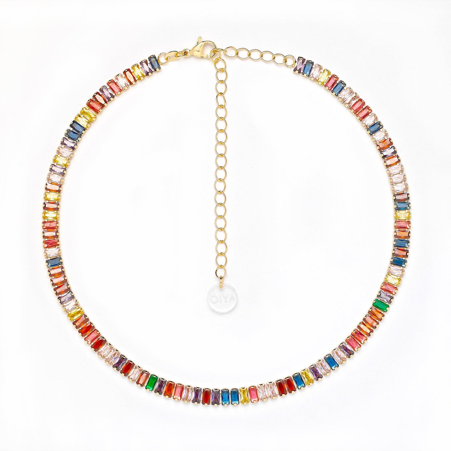 Multicolored beaded necklace with a gold chain on a white background