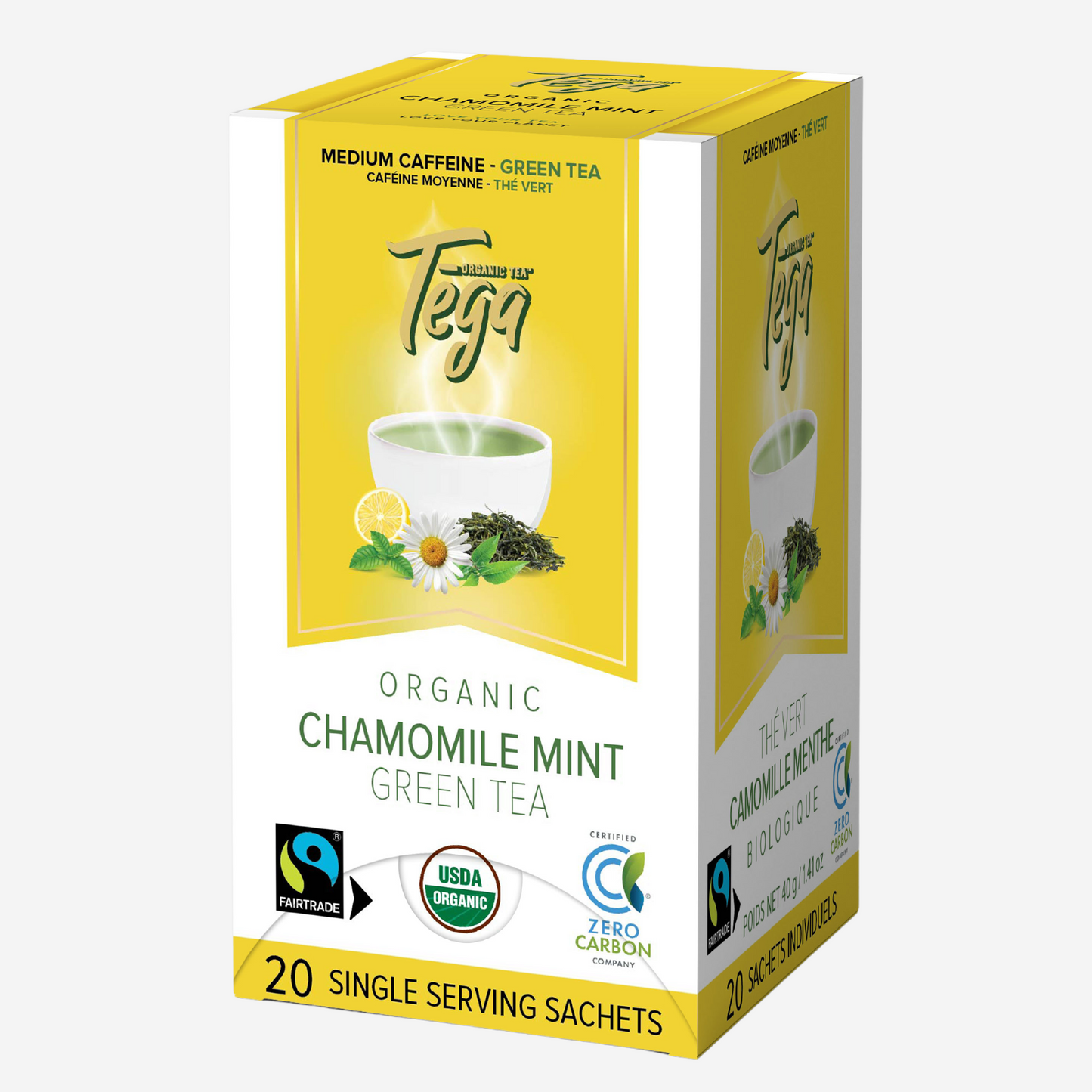 Box of Tega Organic Chamomile Mint Green Tea on a white background