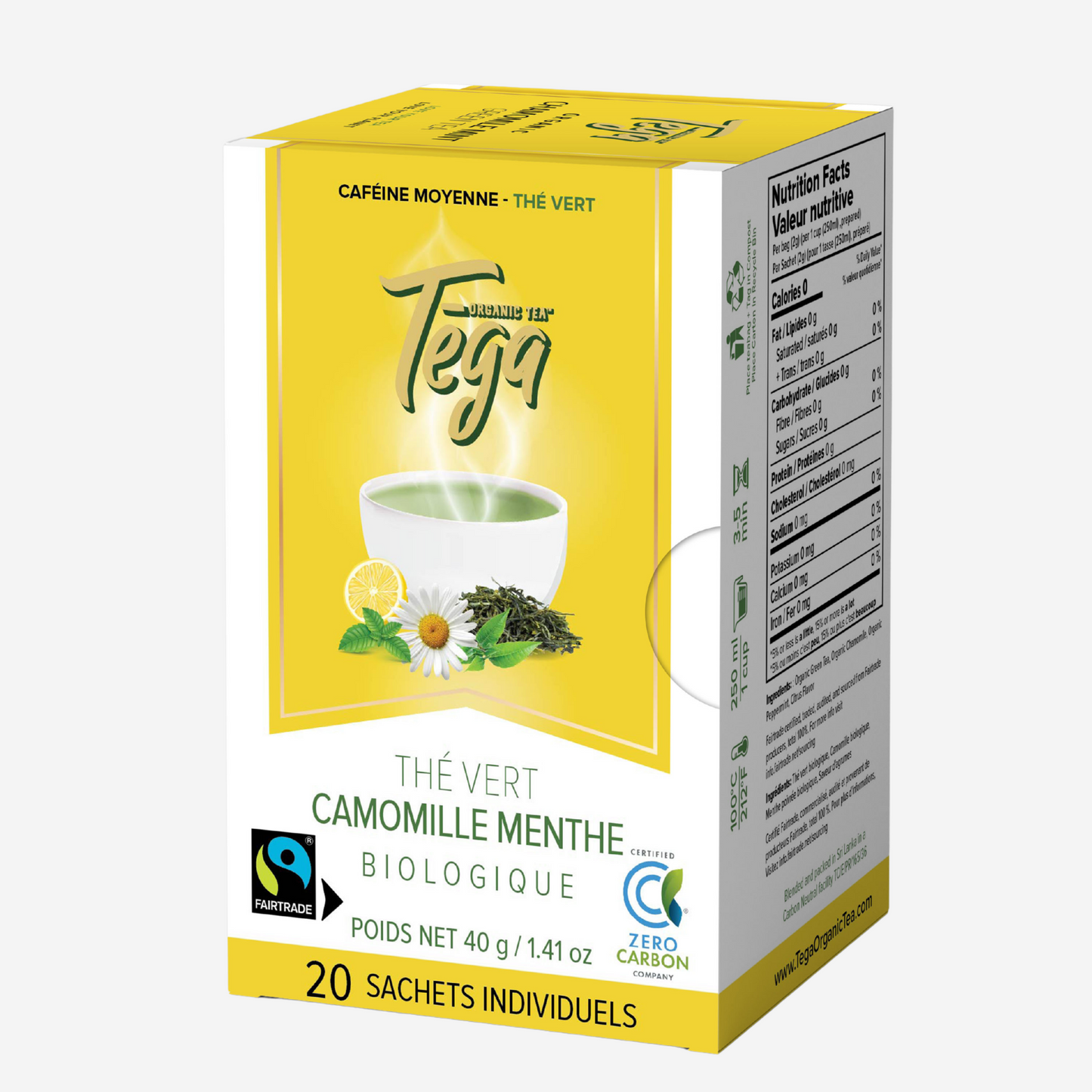 Tega green tea box with lemon and daisy illustration on a white background