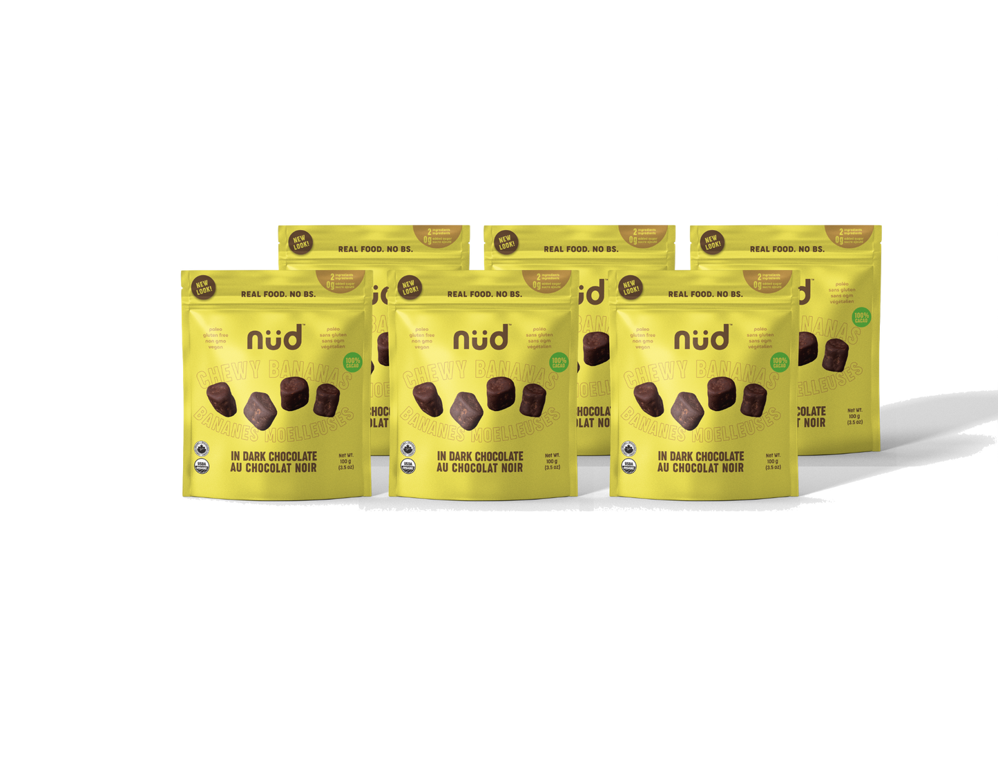 Multiple packages of Nud chocolate bars on a white background