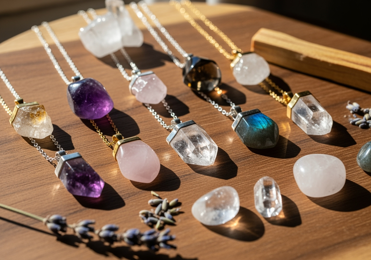 Premium healing crystal necklaces featuring amethyst, rose quartz, and clear quartz pendants displayed on natural wood surface for spiritual jewelry collection at Higher Vibrations