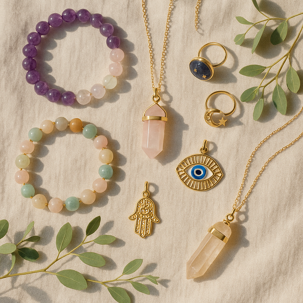 Flat lay of crystal-adorned necklaces, gemstone bracelets, evil eye protection charms, and celestial-inspired rings displayed on neutral linen with greenery for the Jewelry & Accessories collection at Shop Higher Vibrations.