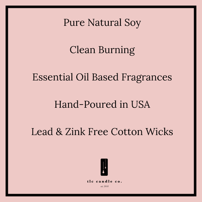 Product label for candles with text on a pink background
