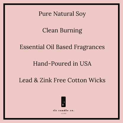 Product label for candles with text on a pink background