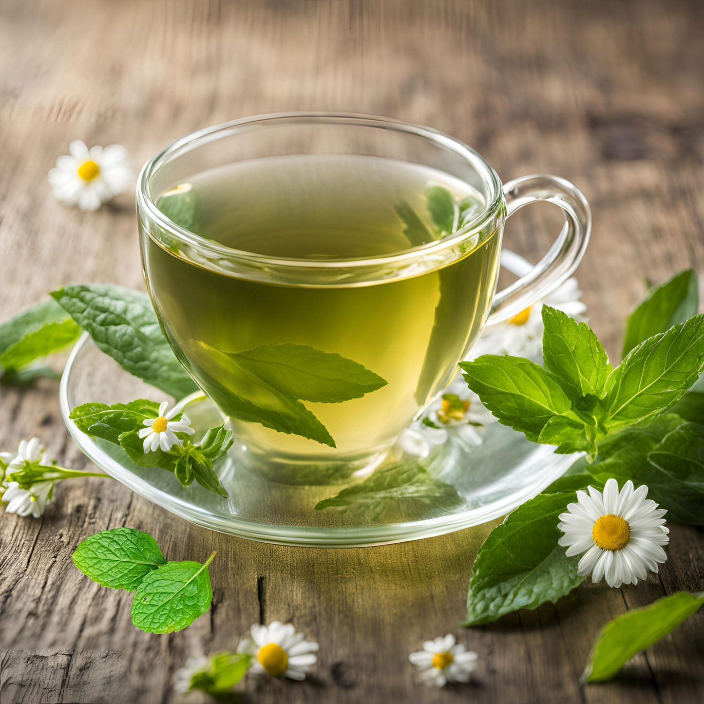 Clear glass cup of green tea with tea leaves and daisies on a wooden surface