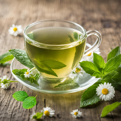 Clear glass cup of green tea with tea leaves and daisies on a wooden surface