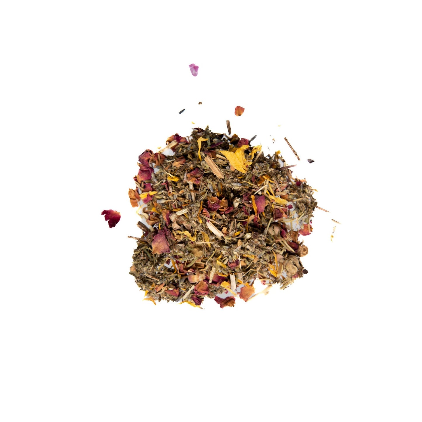 Assorted dried herbs and flowers on a white background