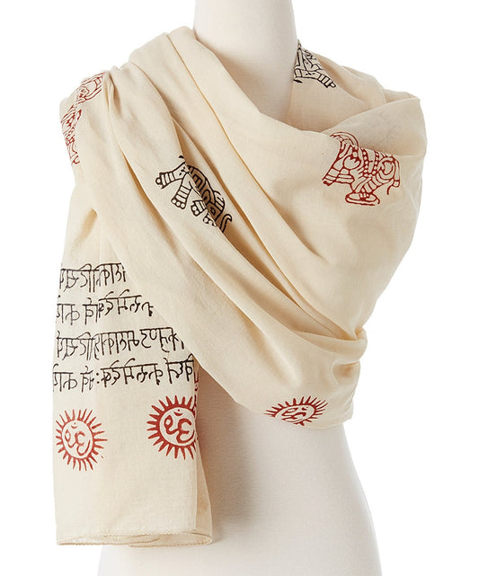 Beige scarf with red and black patterns on a mannequin