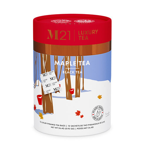 M21 Luxury Tea Maple Tea packaging with winter scene illustration on a white background