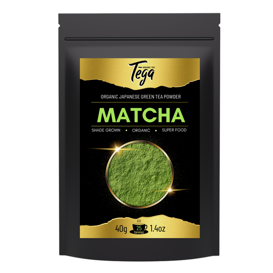 Tega Matcha green tea powder packaging on a white background