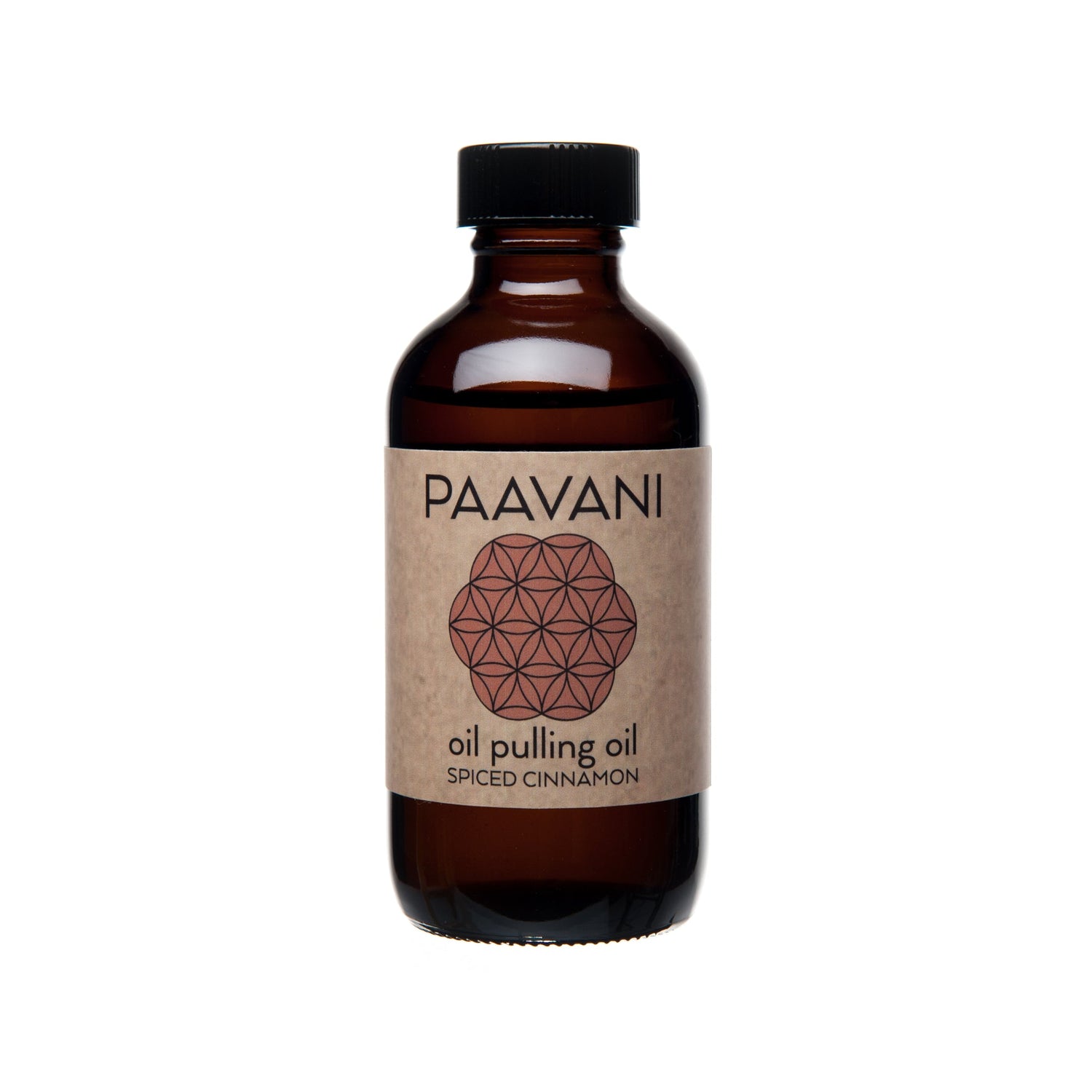 Brown bottle of Paavani oil pulling oil with a white background
