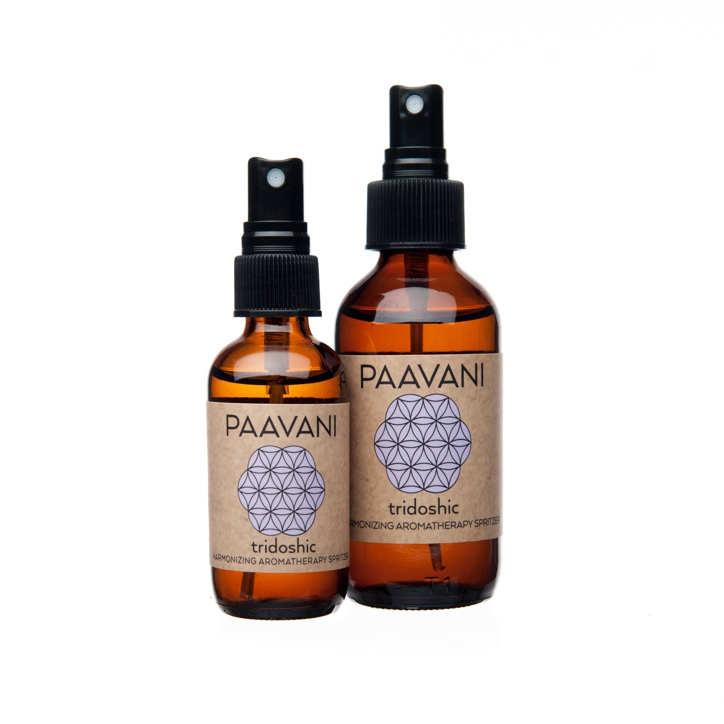Two PAAVANI tridoshic aromatherapy spray bottles on a white background