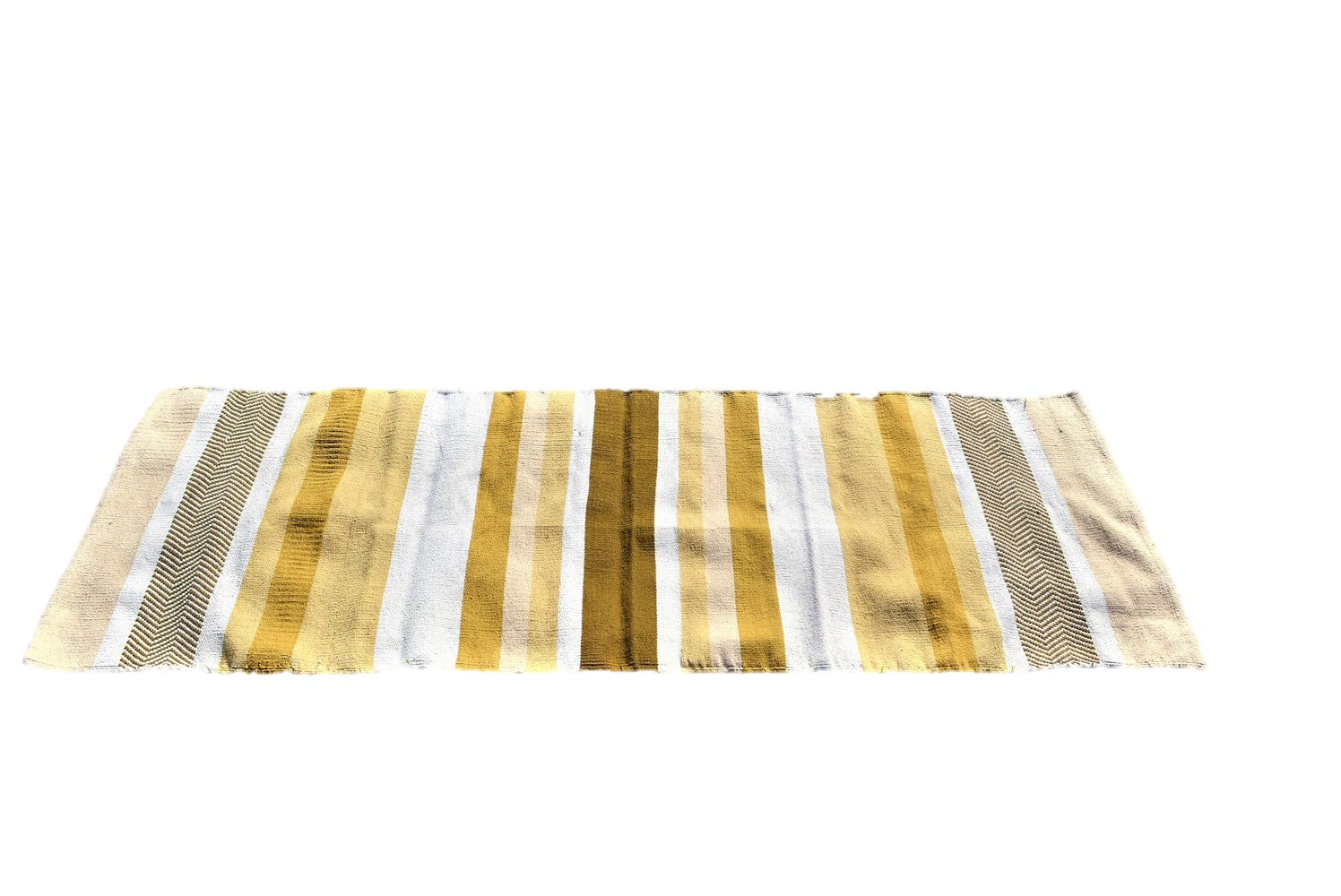 Striped fabric with gold, beige, and white pattern on a white background