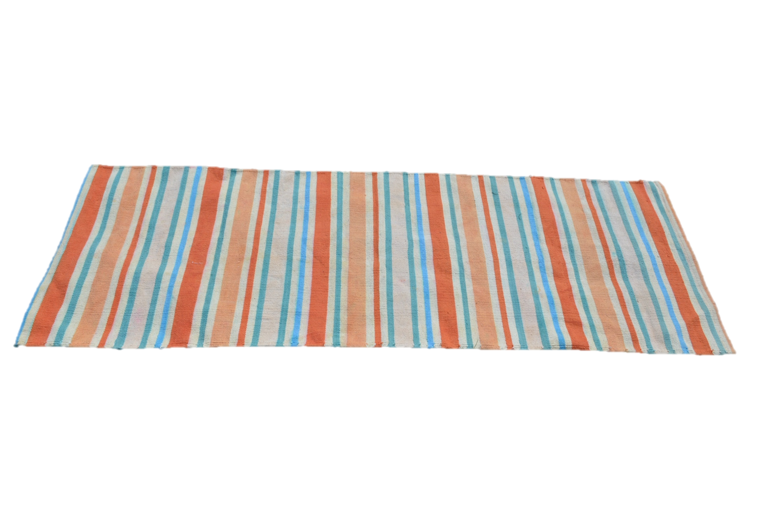 Striped rug with orange, blue, and white colors on a white background