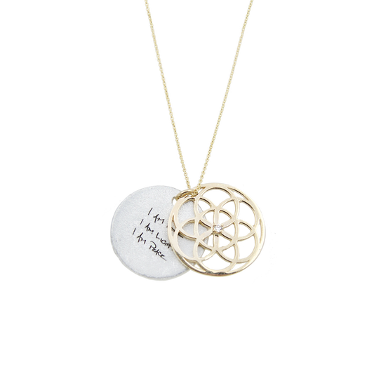Seed of Life Sacred Geometry Necklace - 14k Gold with Diamond & Peace Mantra (Made to Order)