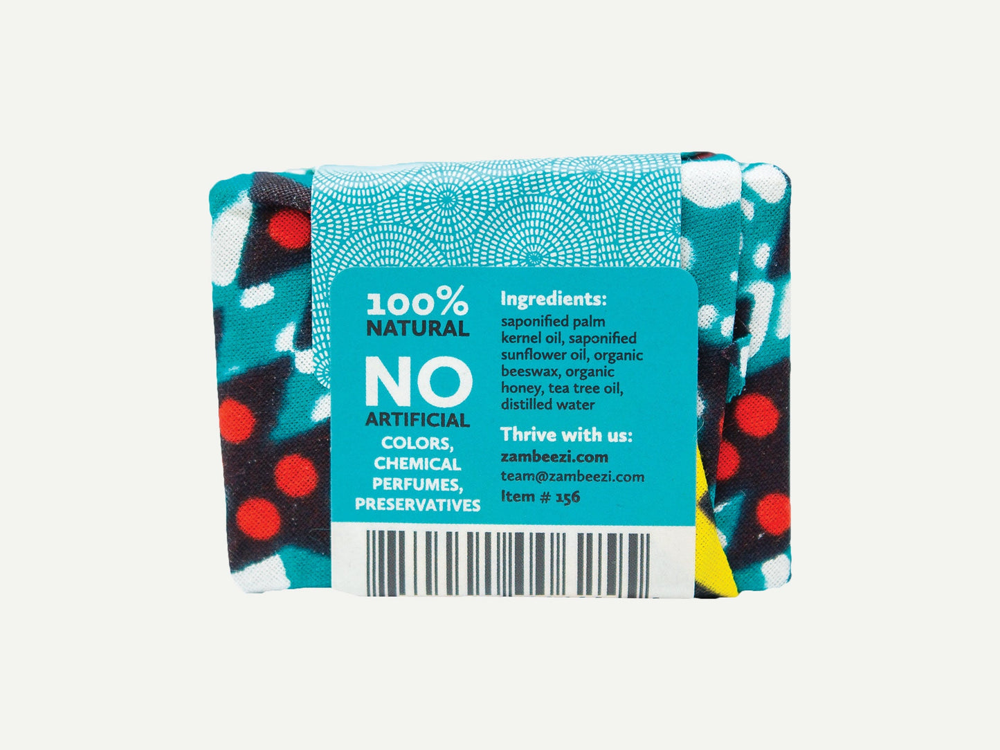 Bar of soap with a colorful label on a white background
