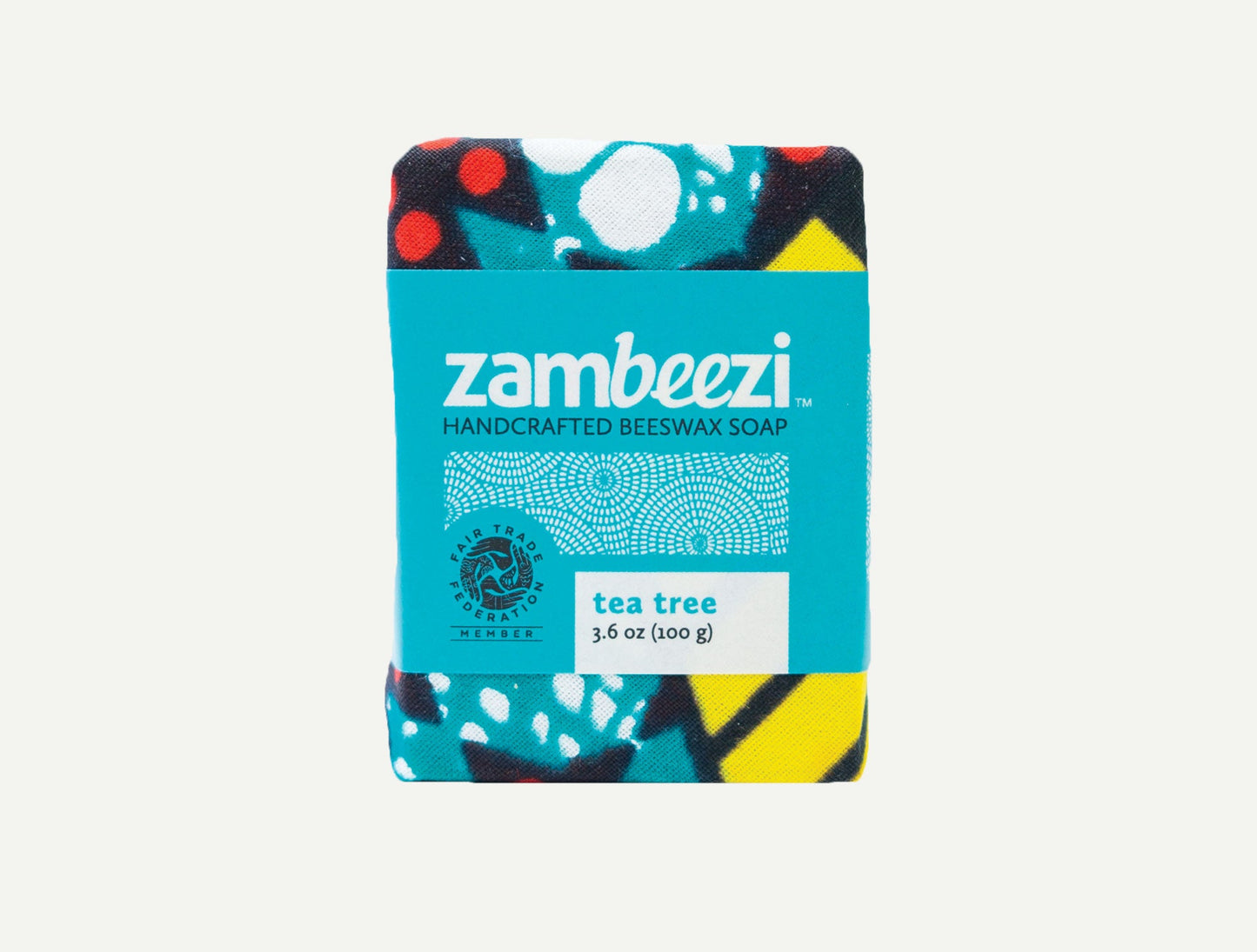 Zambeeezi handcrafted beeswax soap packaging with colorful design on a white background
