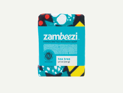 Zambeeezi handcrafted beeswax soap packaging with colorful design on a white background