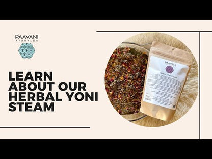 Herbal yoni steam product with Paavani Ayurveda branding on a beige background