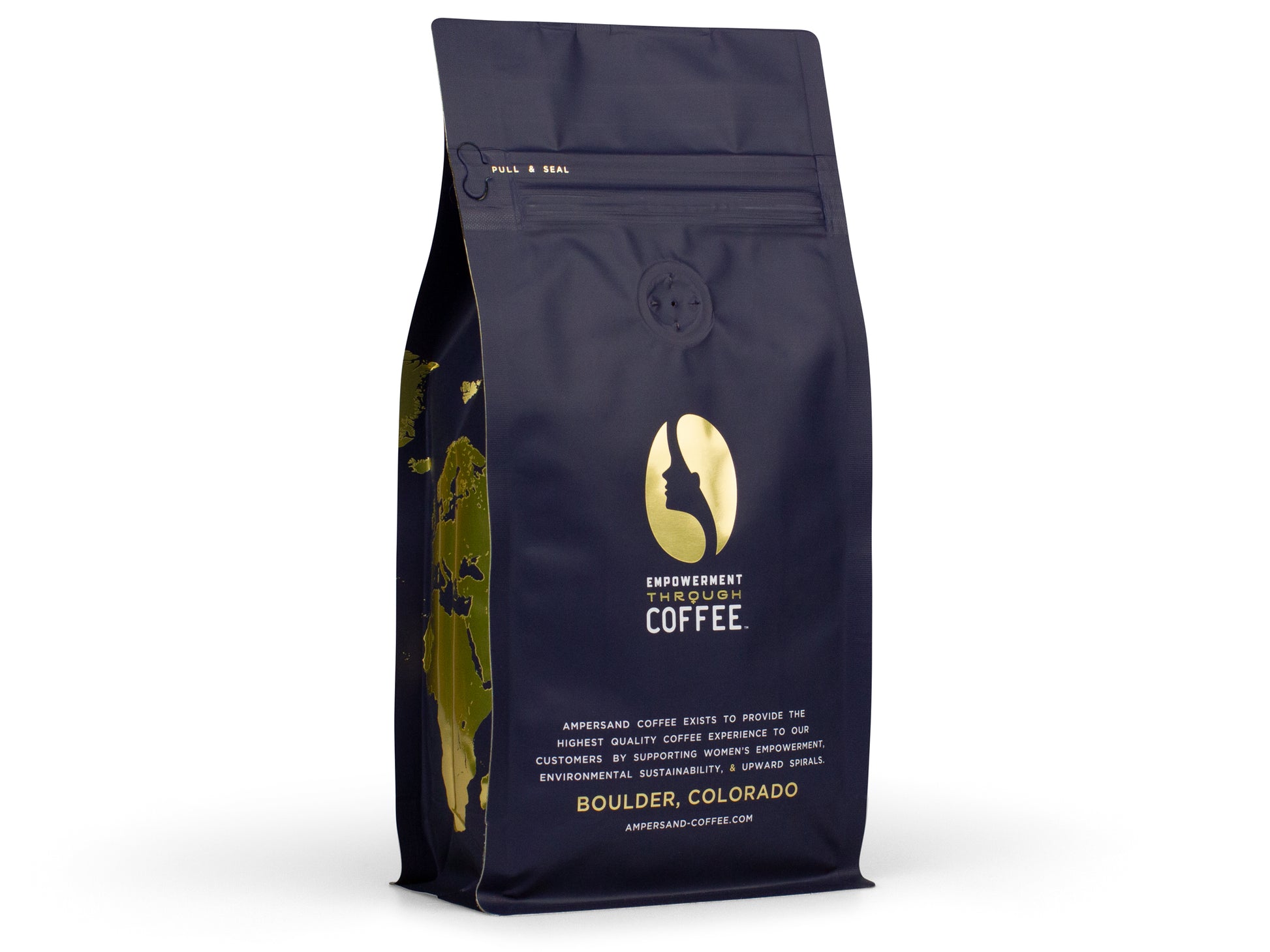 Dark blue coffee bag with gold logo and text on a white background
