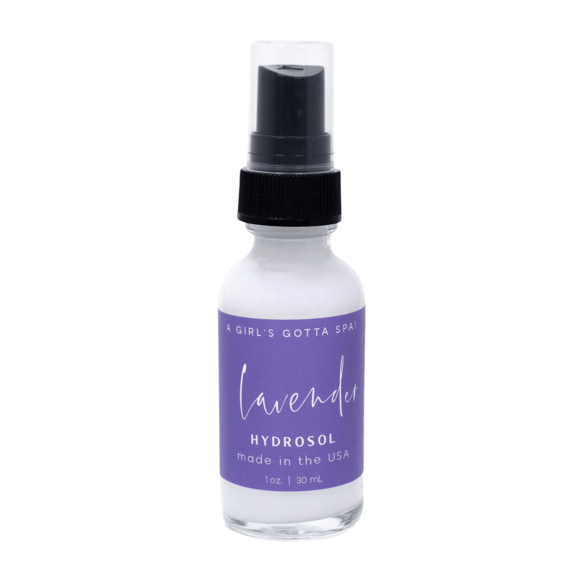 Bottle of lavender hydrosol with a purple label on a dark gray background