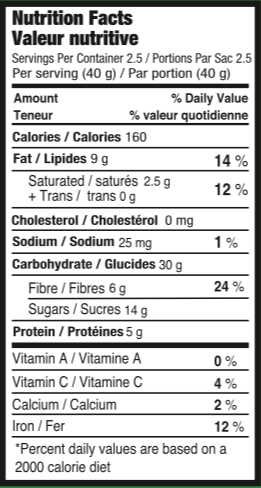 Nutrition facts label for a food product with black text on a white background