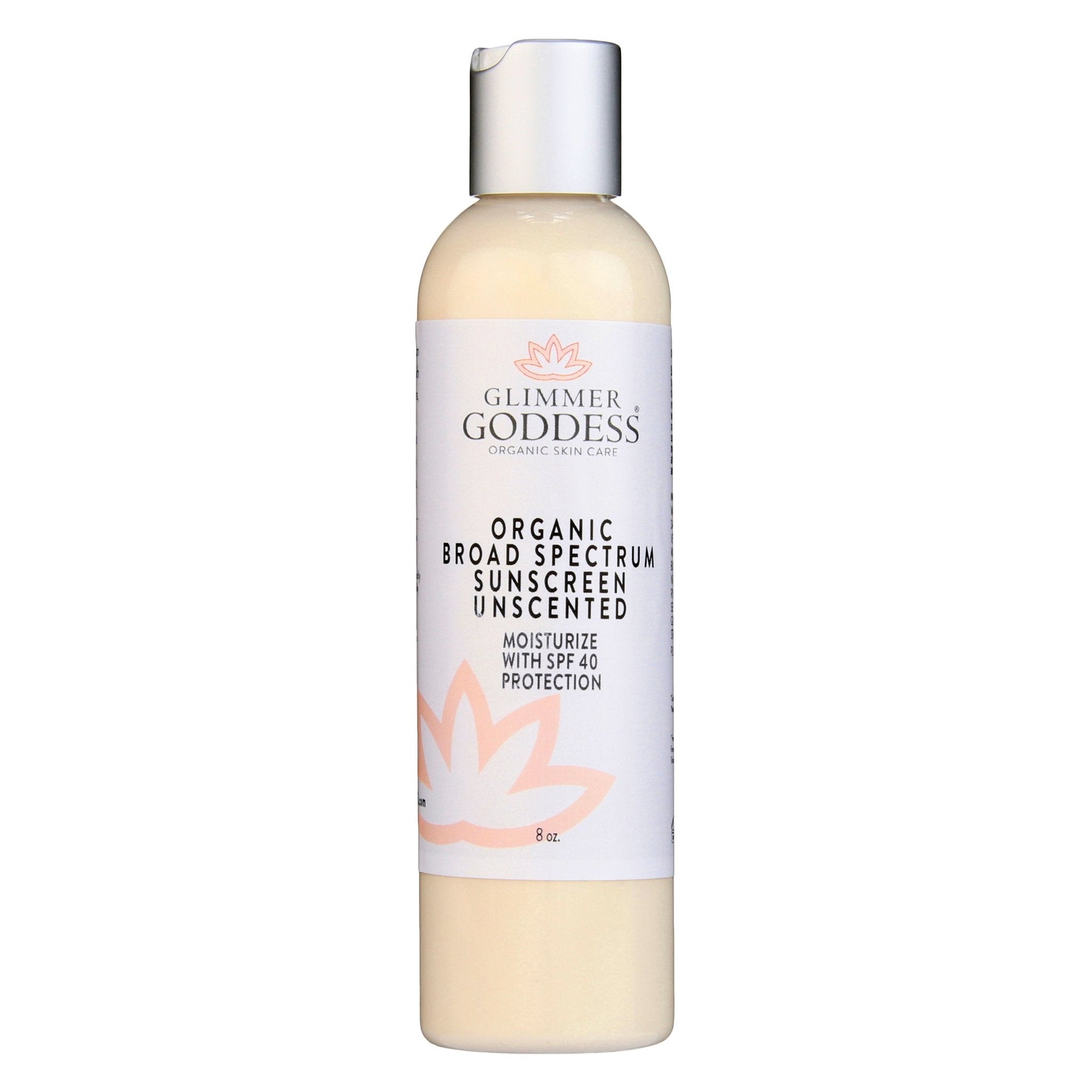 Bottle of Glimmer Goddess organic broad spectrum sunscreen on a white background