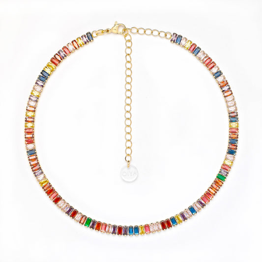 Multicolored beaded necklace with a gold chain on a white background