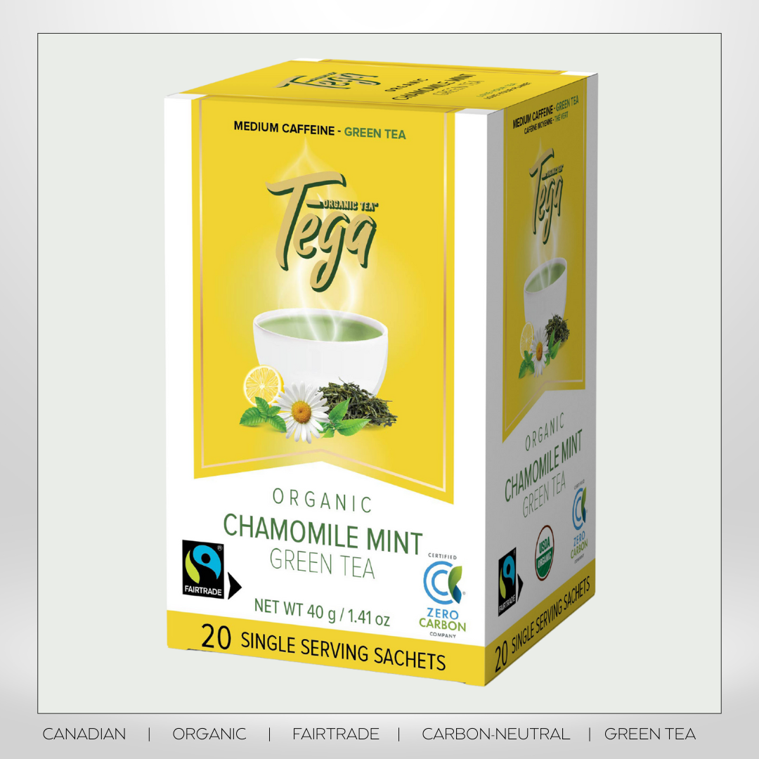 Box of Tega Organic Chamomile Mint Green Tea on a light gray background