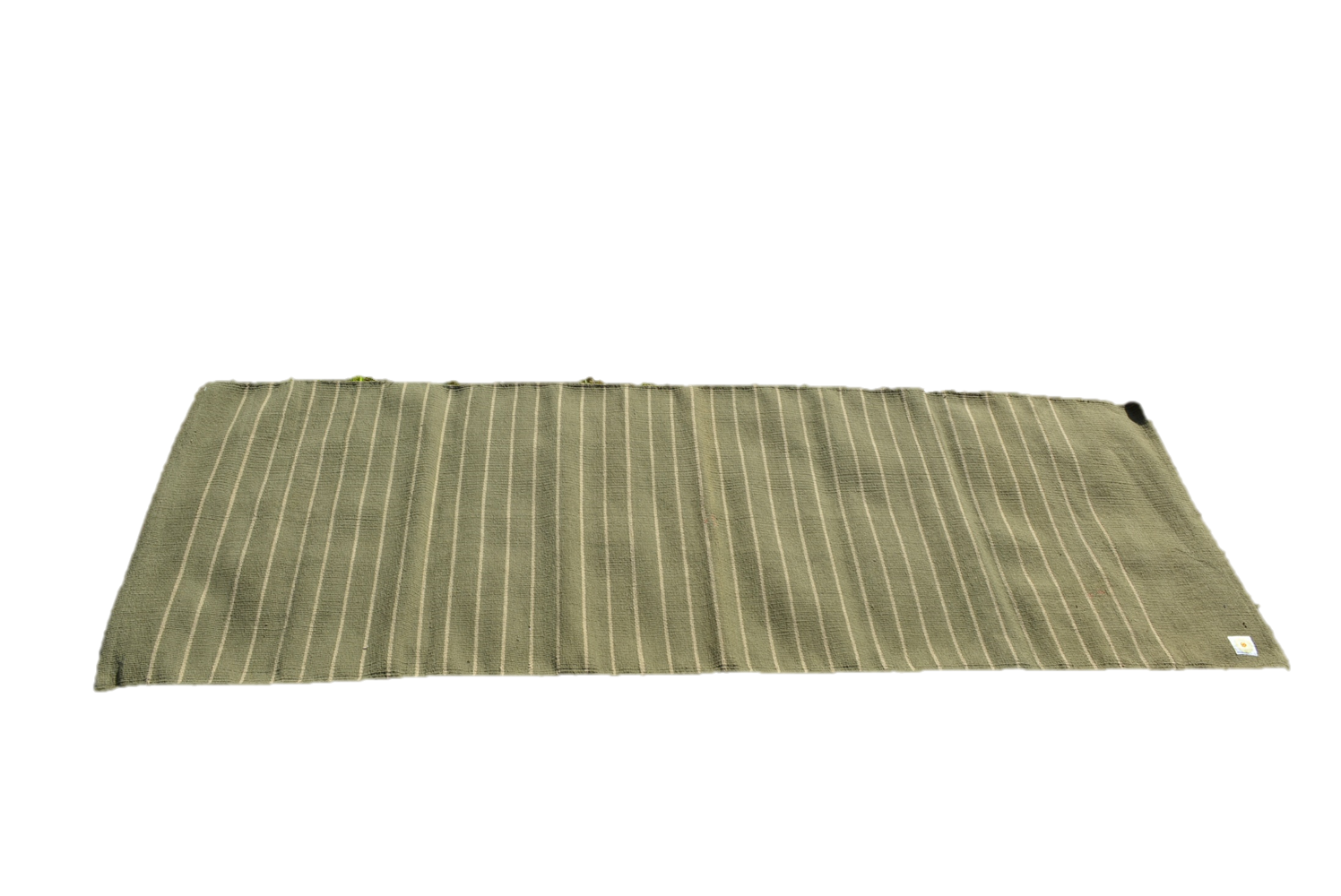 Folded green mat with white stripes on a white background