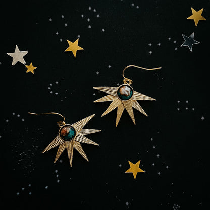 Star-shaped earrings with gemstones on a black background with star illustrations