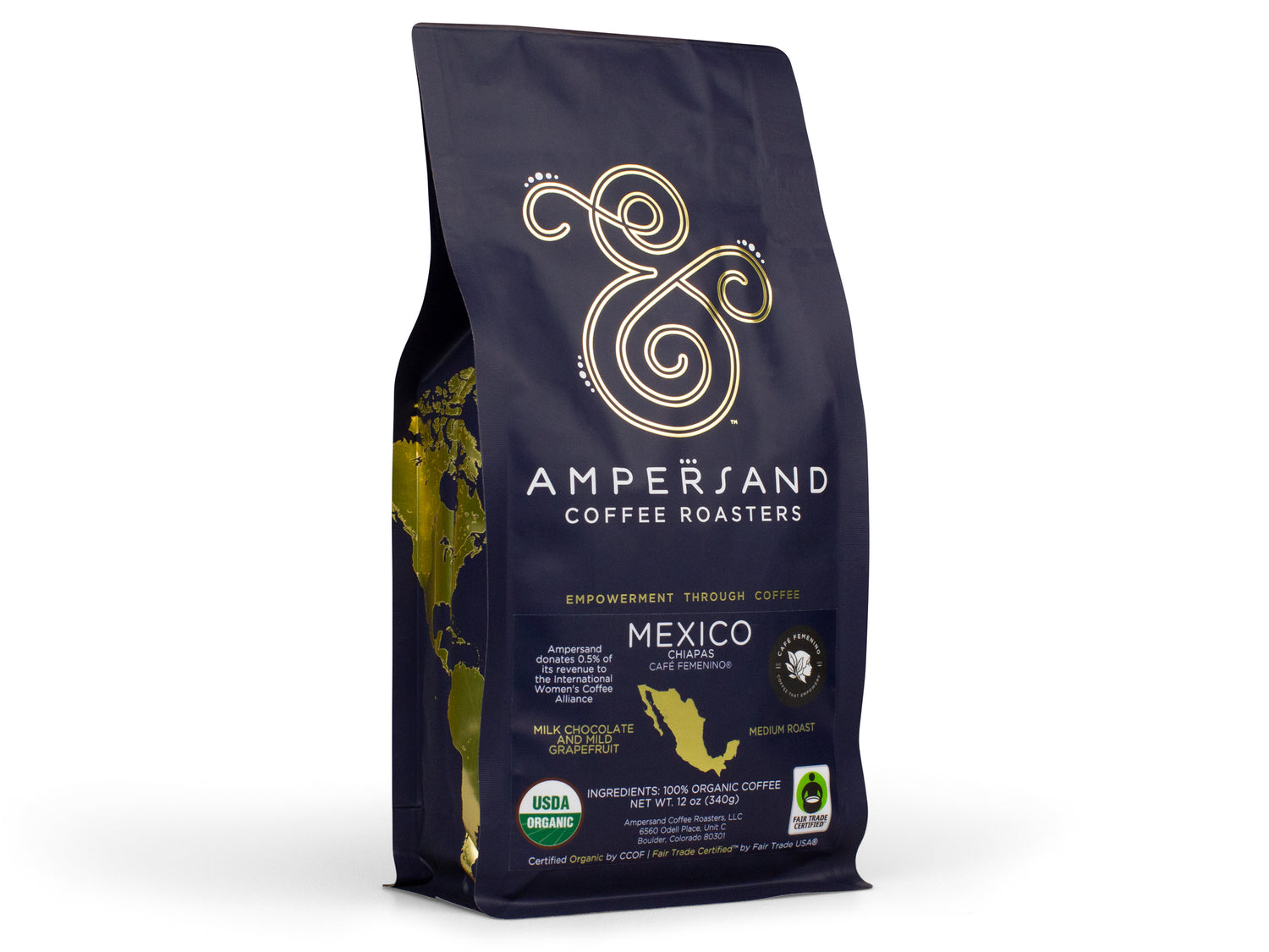 Coffee bag from Ampersand Coffee Roasters with branding and product details on a white background