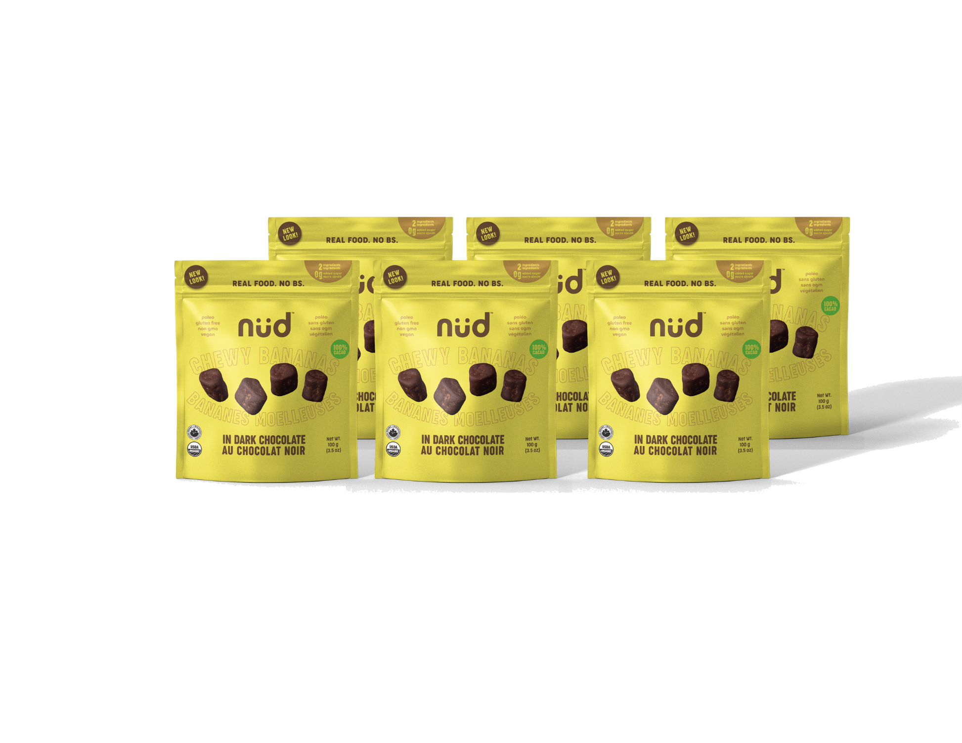 Multiple packages of Nud chocolate bars on a white background